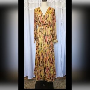 SPY ZONE EXCHANGE Yellow  Bohemian Chic Leopard Flowy Longsleeve Maxi Dress, M